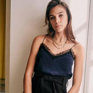 Sézane Satis Silk Cami Top Navy with Black Lace Trim Size FR 34/Xs